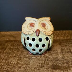 Charming Owl Ceramic Sculpture - Cream Green Brown